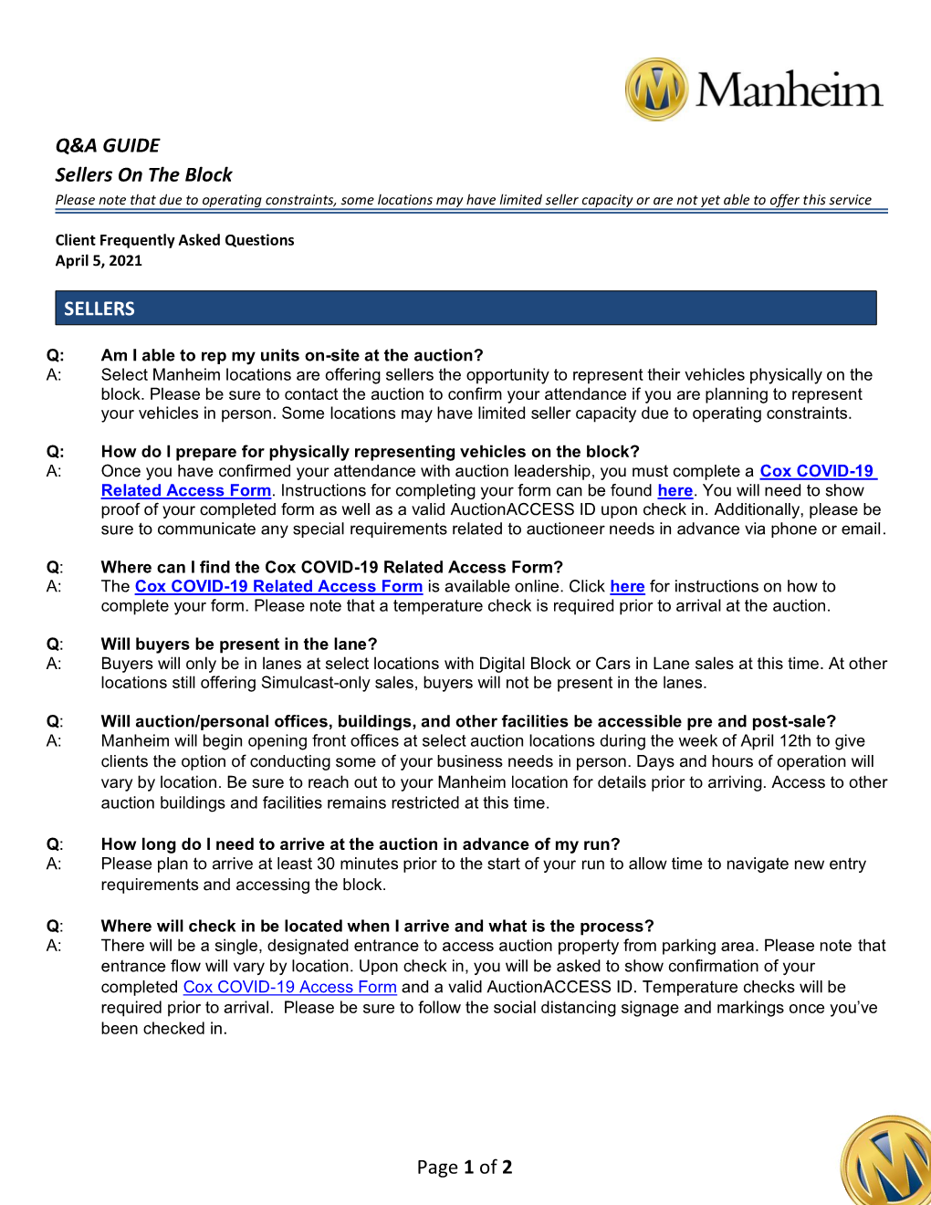 Q&A GUIDE Sellers on the Block SELLERS Page 1 of 2