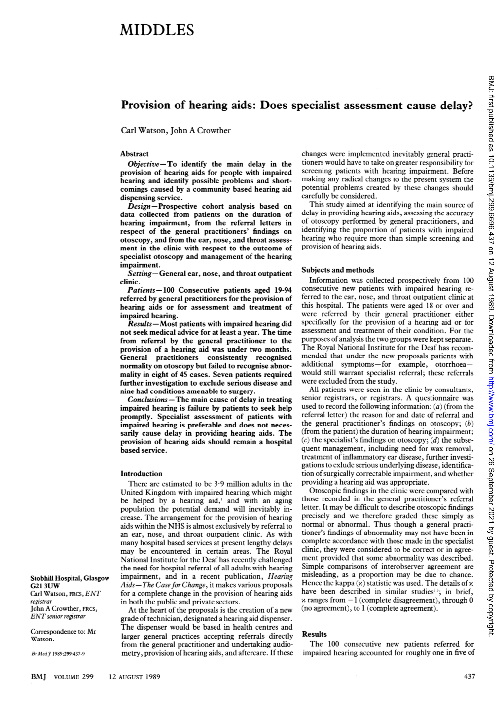 MIDDLES BMJ: First Published As 10.1136/Bmj.299.6696.437 on 12 August 1989