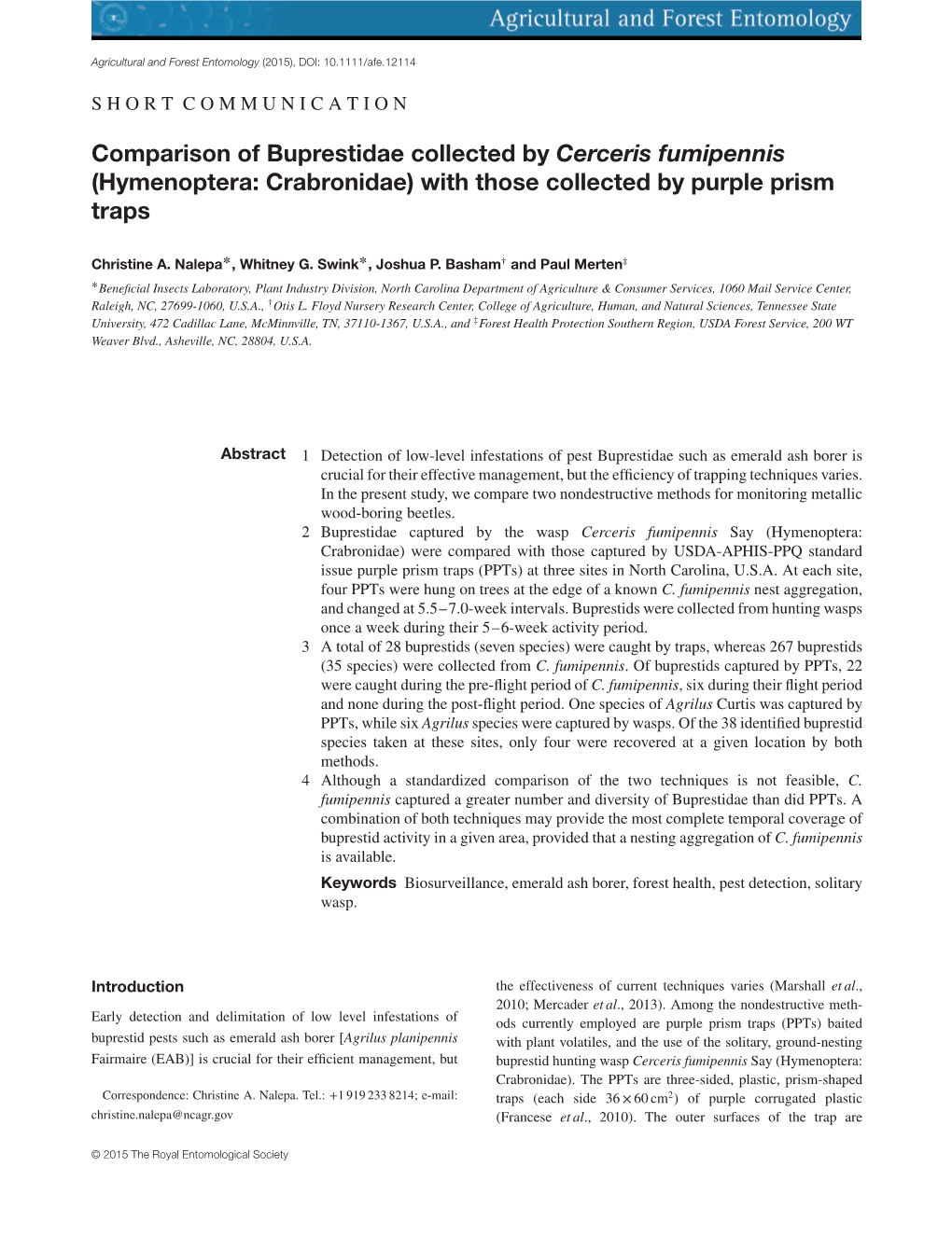 Comparison of Buprestidae Collected by Cerceris Fumipennis (Hymenoptera: Crabronidae) with Those Collected by Purple Prism Traps