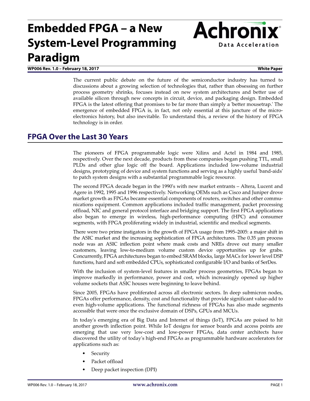 Embedded FPGA – a New System-Level Programming Paradigm WP006 Rev