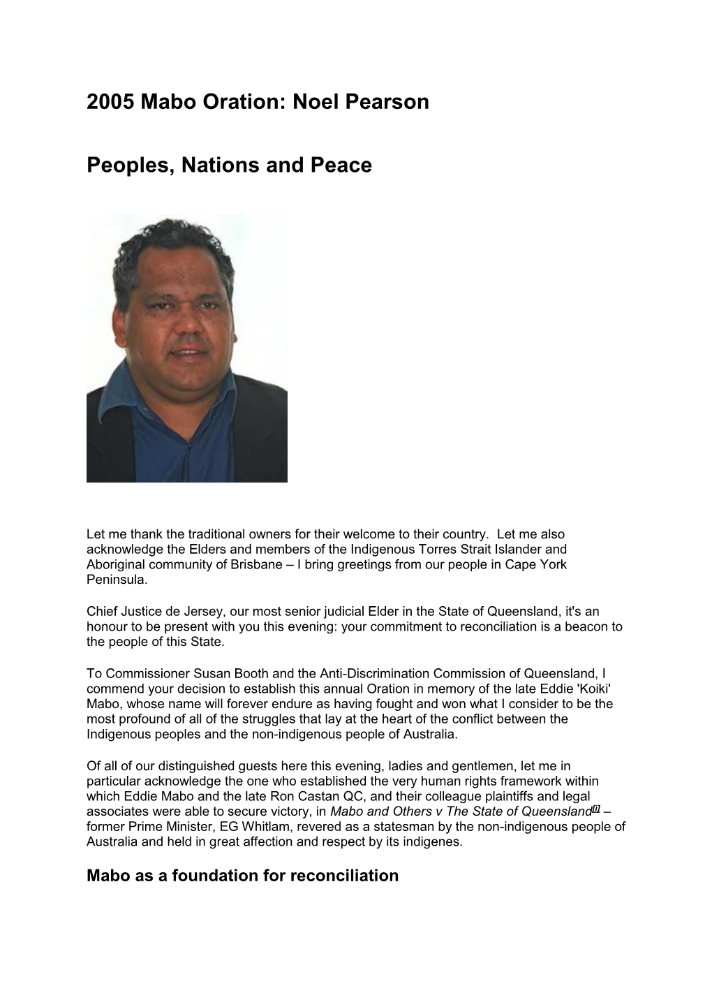 2005 Mabo Oration: Noel Pearson