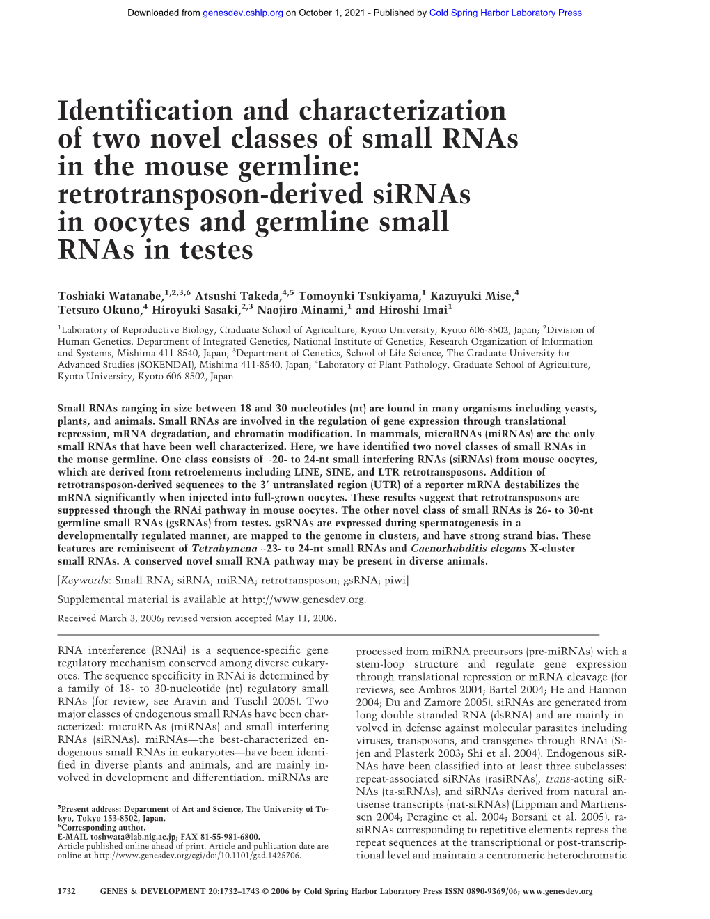 Retrotransposon-Derived Sirnas in Oocytes and Germline Small Rnas in Testes