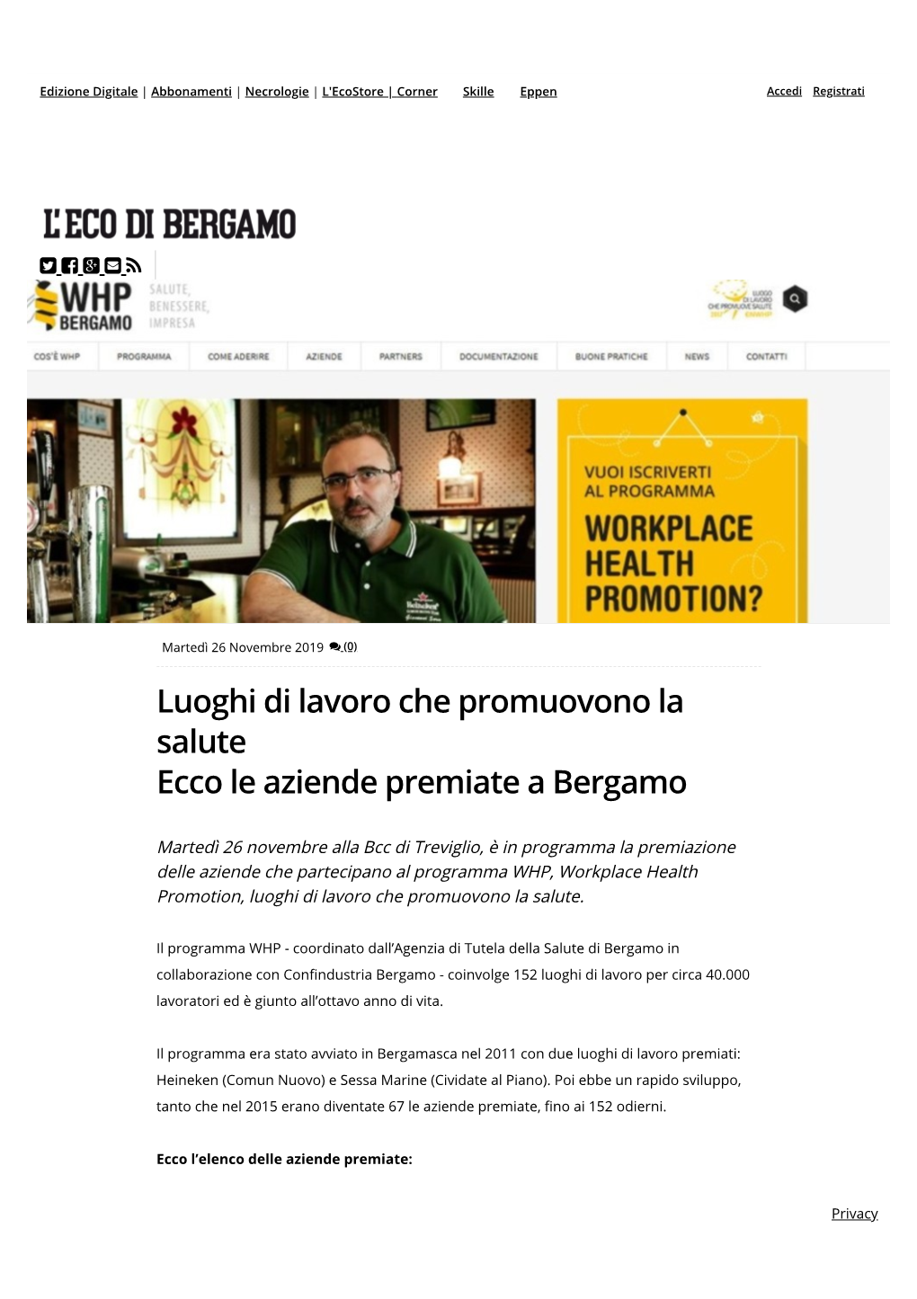 Luoghi Di Lavoro Che Promuovono La Salute Ecco Le Aziende Premiate a Bergamo