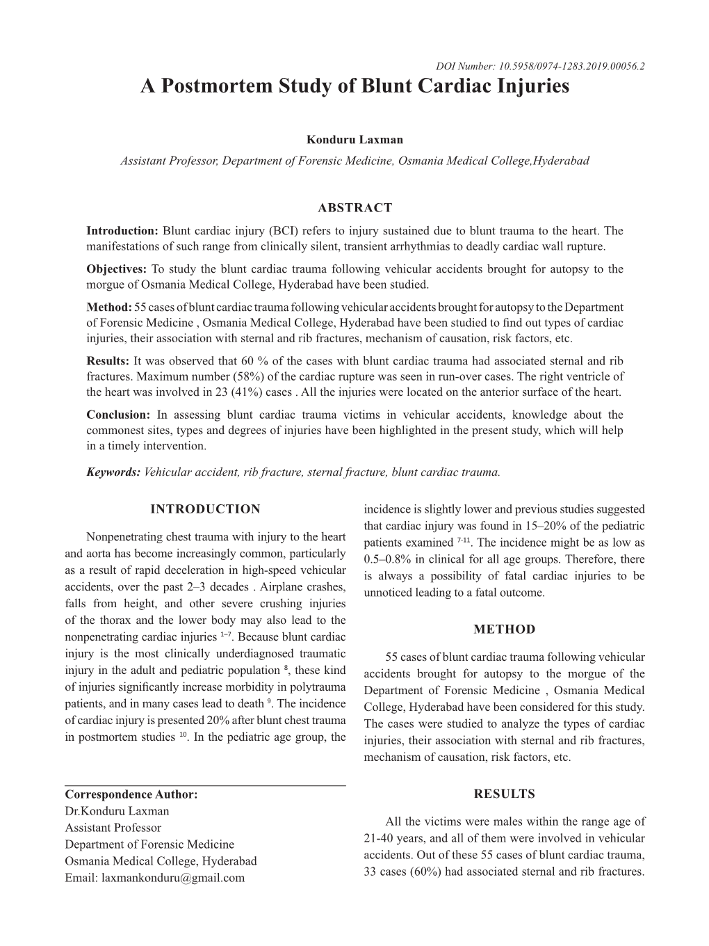 A Postmortem Study of Blunt Cardiac Injuries