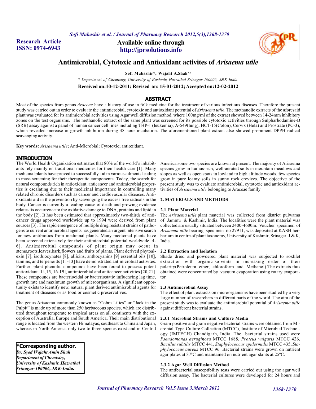 Antimicrobial, Cytotoxic and Antioxidant Activites of Arisaema Utile