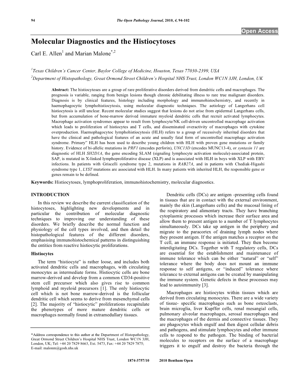 Molecular Diagnostics and the Histiocytoses Carl E