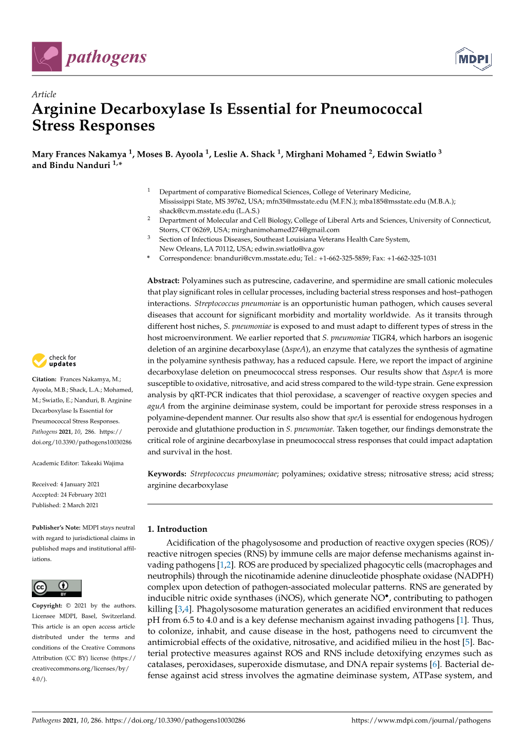 Arginine Decarboxylase Is Essential for Pneumococcal Stress Responses