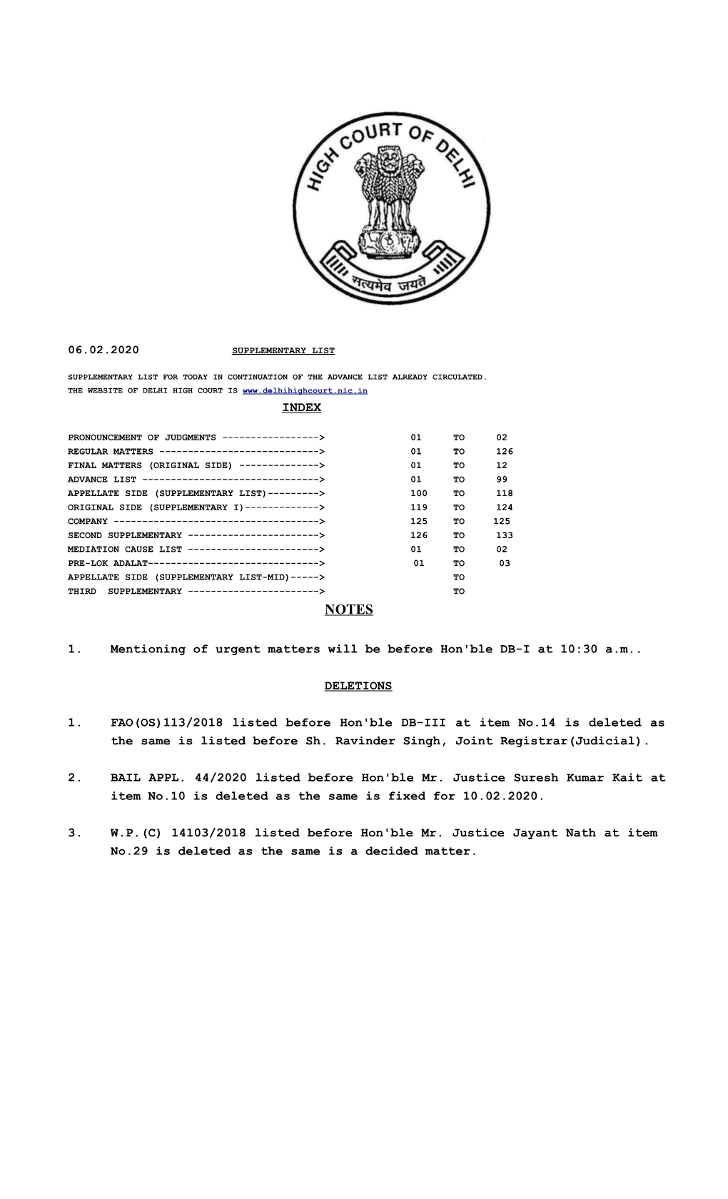 06.02.2020 1. Mentioning of Urgent Matters Will Be Before Hon'ble DB-I at 10:30 Am. DELETIONS 1. FAO(OS)