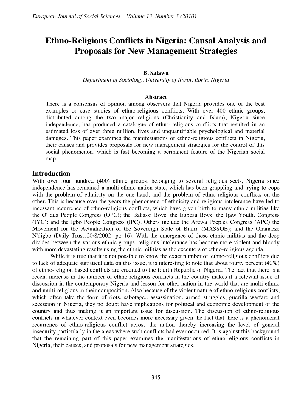 Ethno-Religious Conflicts in Nigeria: Causal Analysis and Proposals for New Management Strategies