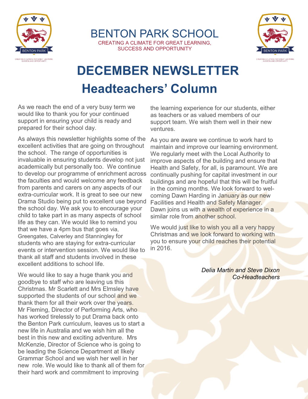 DECEMBER NEWSLETTER Headteachers