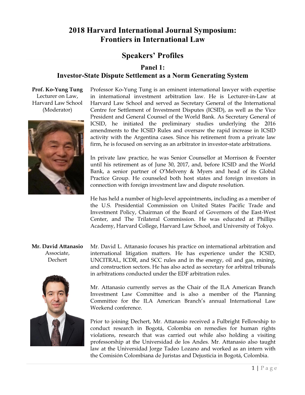 2018 Harvard International Journal Symposium: Frontiers in International Law Speakers' Profiles