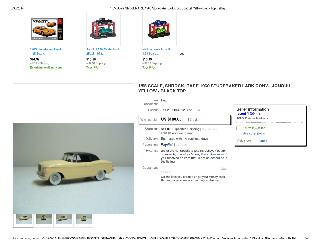 1/55 Scale, Shrock, Rare 1960 Studebaker Lark Conv.- Jonquil Yellow / Black Top