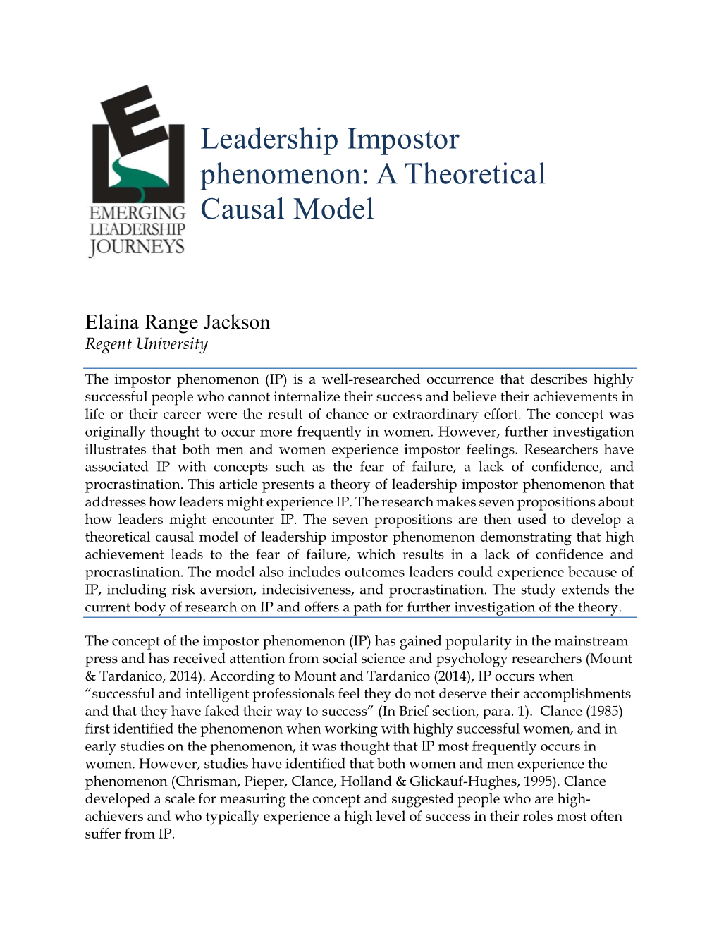 Leadership Impostor Phenomenon: a Theoretical Causal Model