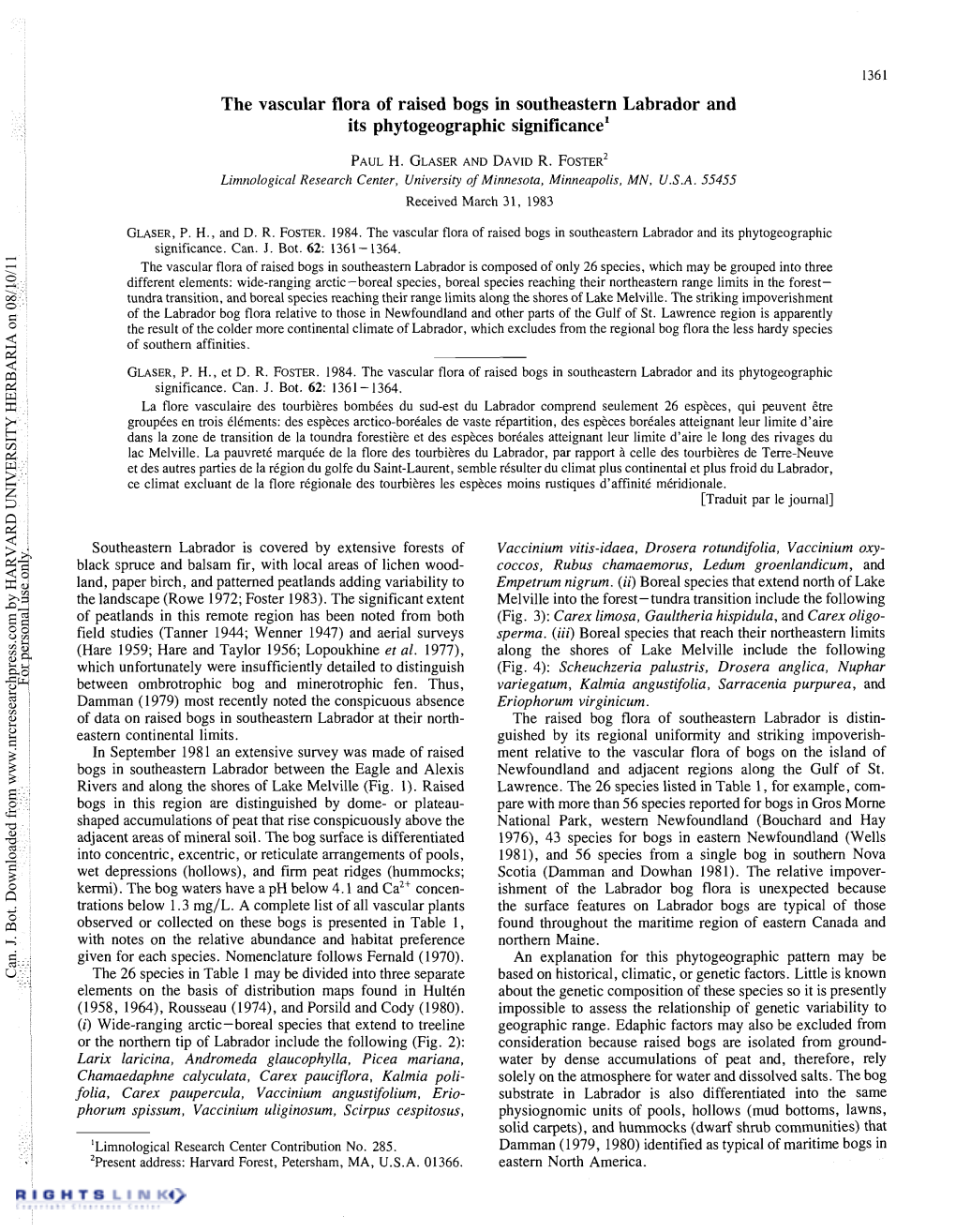 The Vascular Flora of Raised Bogs in Southeastern Labrador and Its Phytogeographic Significance1