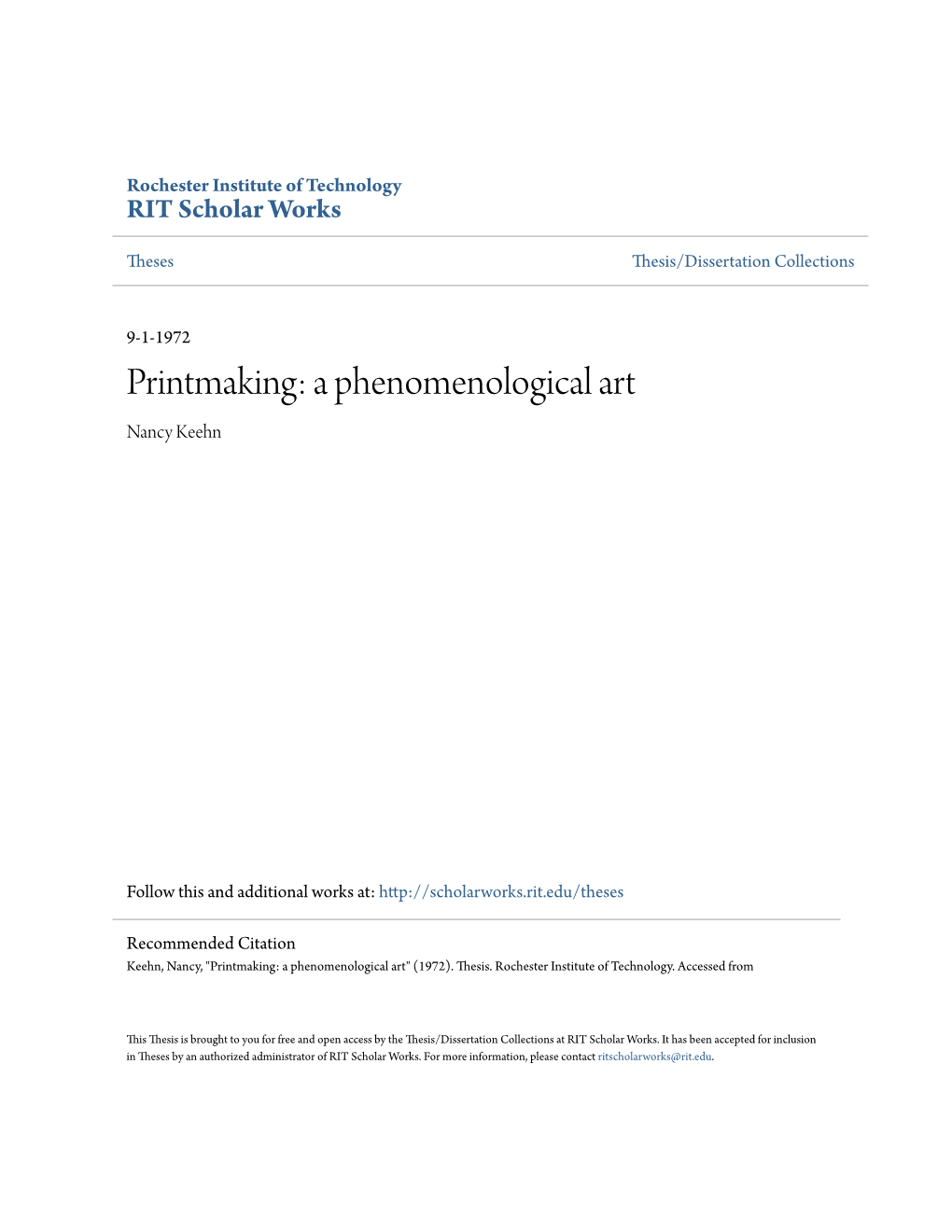 Printmaking: a Phenomenological Art Nancy Keehn