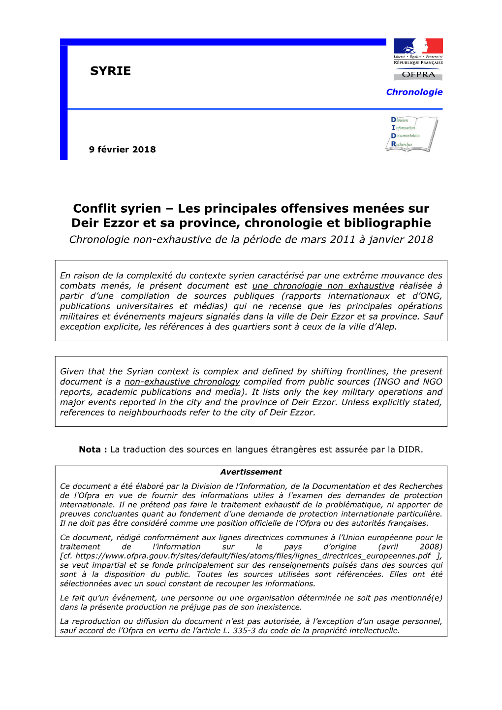 Les Principales Offensives Menées Sur Deir Ezzor Et Sa Province, Chronologie Et Bibliographie Chronologie Non-Exhaustive De La Période De Mars 2011 À Janvier 2018