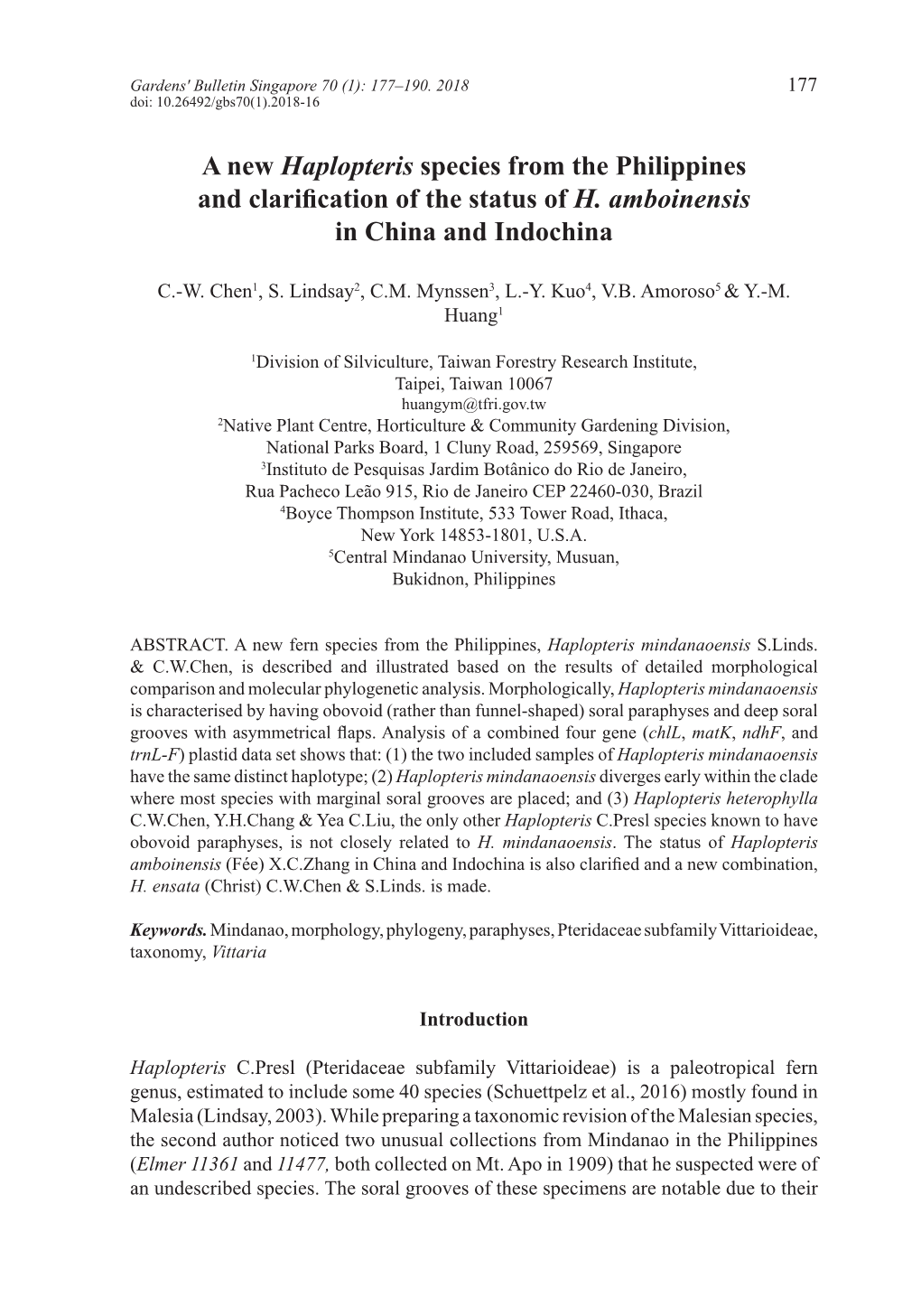 A New Haplopteris Species from the Philippines and Clarification of the Status of H