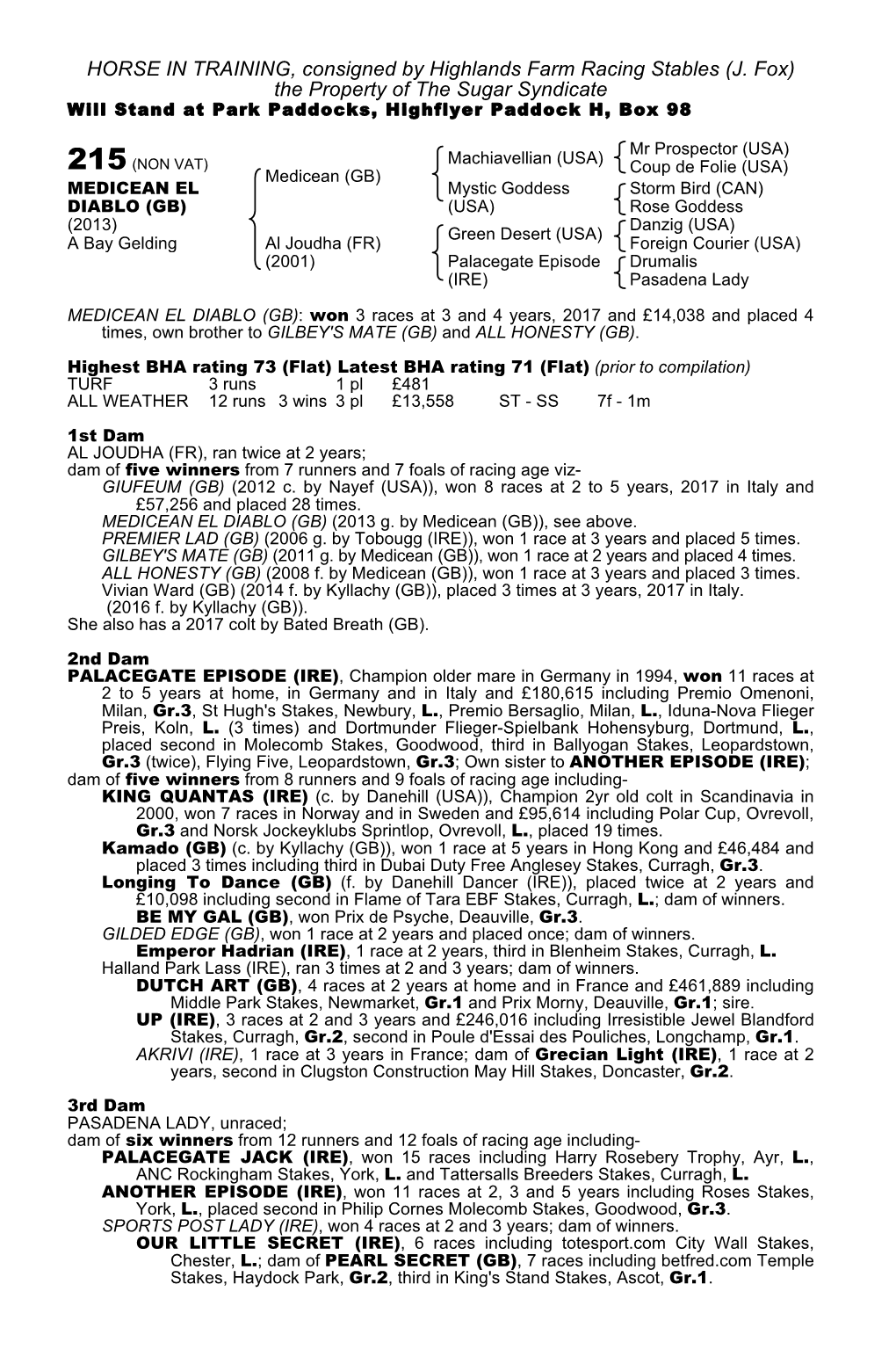 HORSE in TRAINING, Consigned by Highlands Farm Racing Stables (J. Fox) the Property of the Sugar Syndicate Will Stand at Park Paddocks, Highflyer Paddock H, Box 98