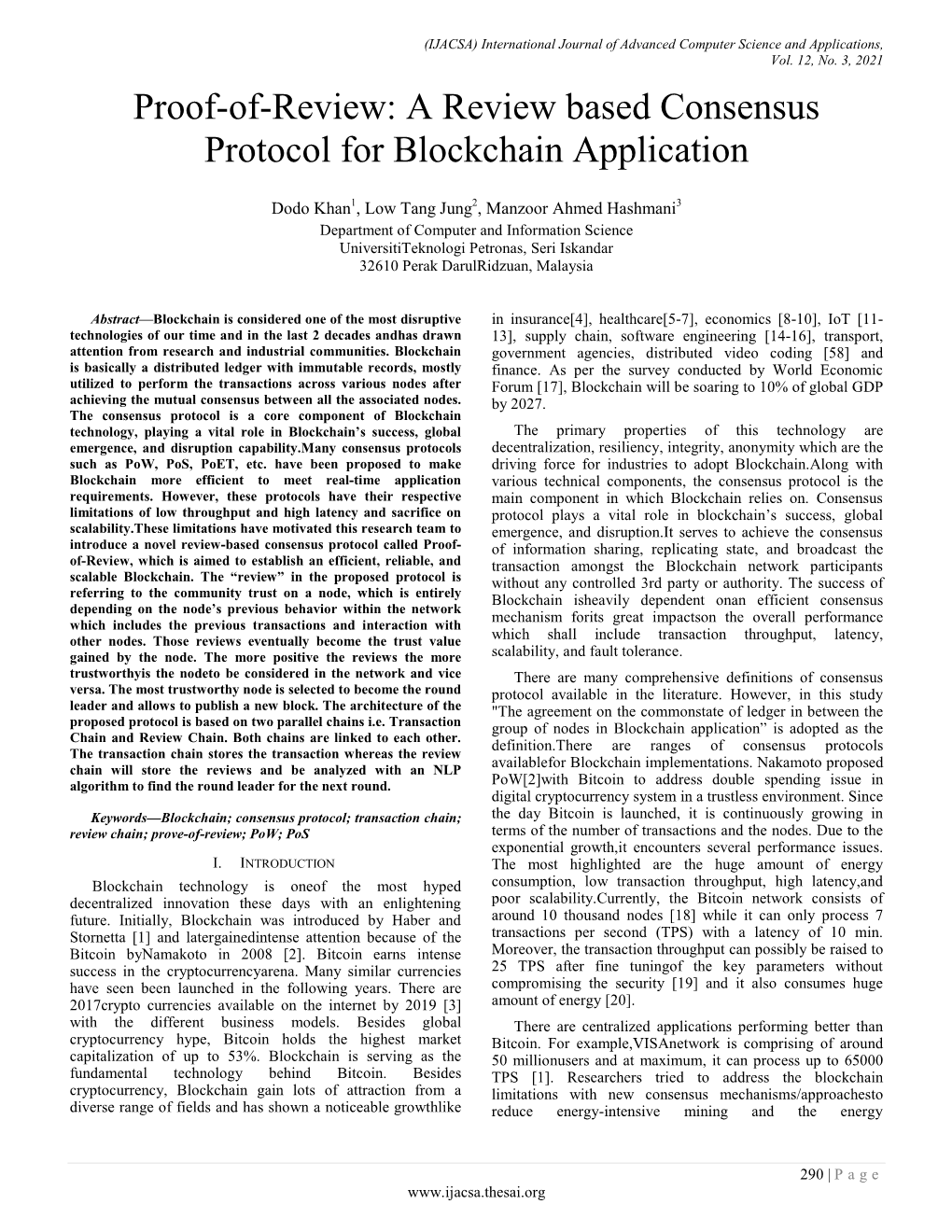 Proof-Of-Review: a Review Based Consensus Protocol for Blockchain Application