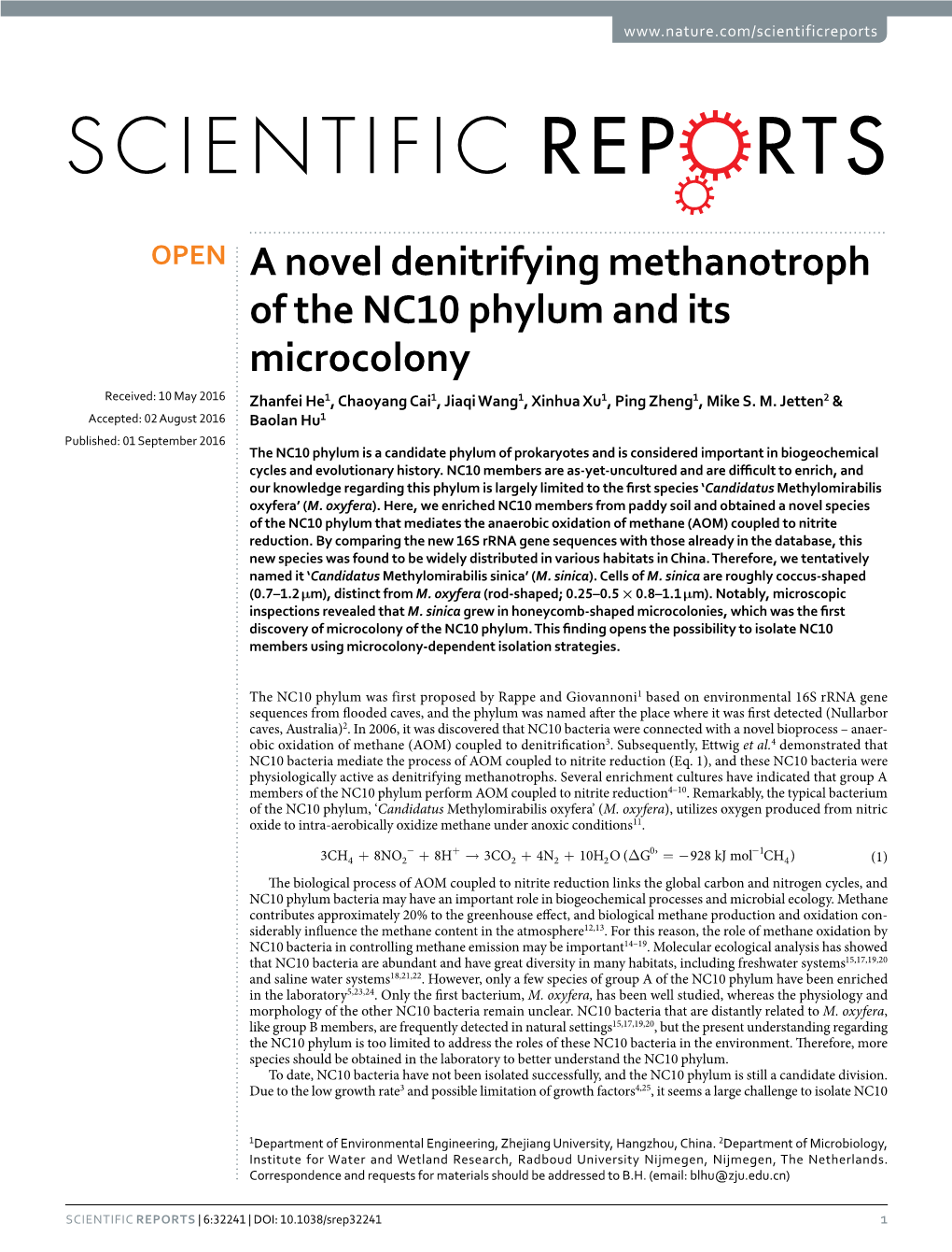 A Novel Denitrifying Methanotroph of the NC10 Phylum and Its Microcolony