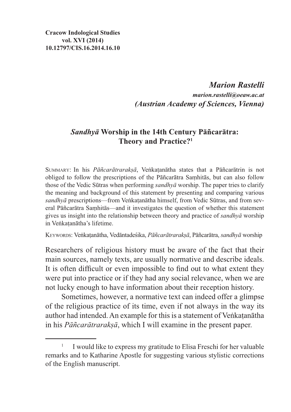 Sandhyā Worship in the 14Th Century Pāńcarātra: Theory and Practice?