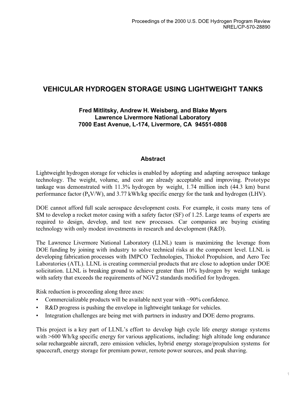 Vehicular Hydrogen Storage Using Lightweight Tanks