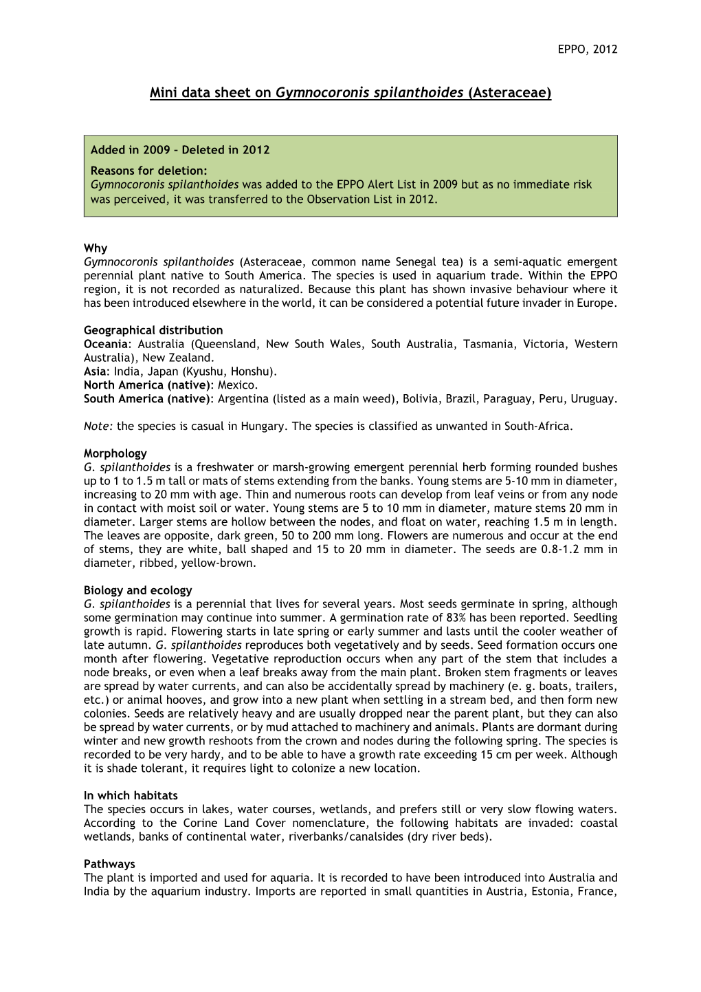 Mini Data Sheet on Gymnocoronis Spilanthoides (Asteraceae)