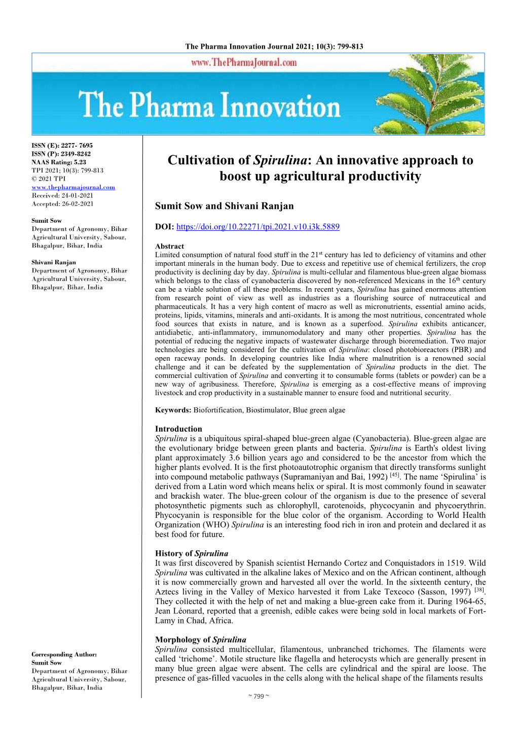 Cultivation of Spirulina: an Innovative Approach to Boost up Agricultural