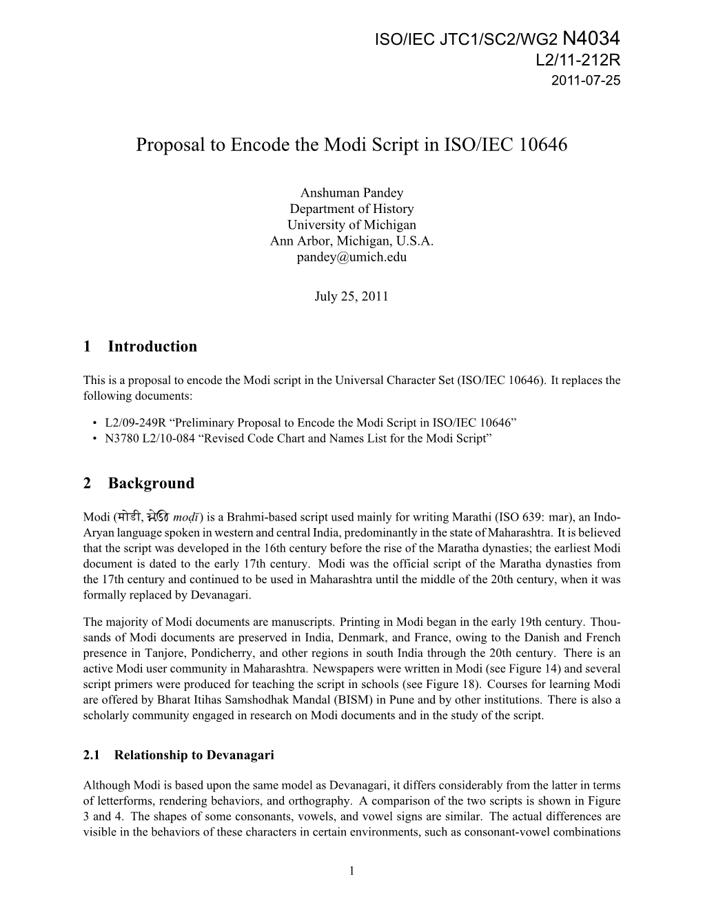 N4034 Proposal to Encode the Modi Script in ISO/IEC 10646