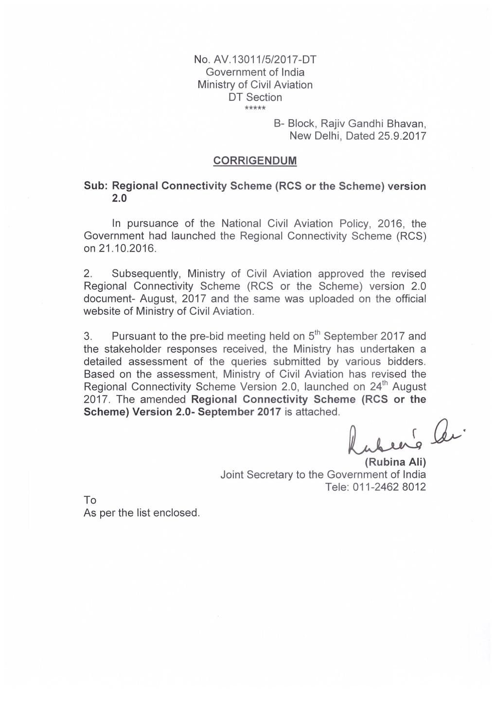 Regional Connectivity Scheme (RCS Or the Scheme) Ministry of Civil Aviation, Government of India