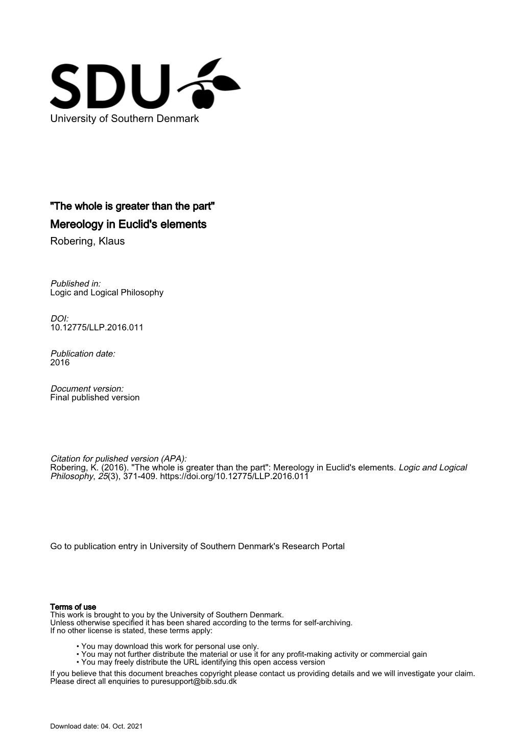 Mereology in Euclid's Elements Robering, Klaus