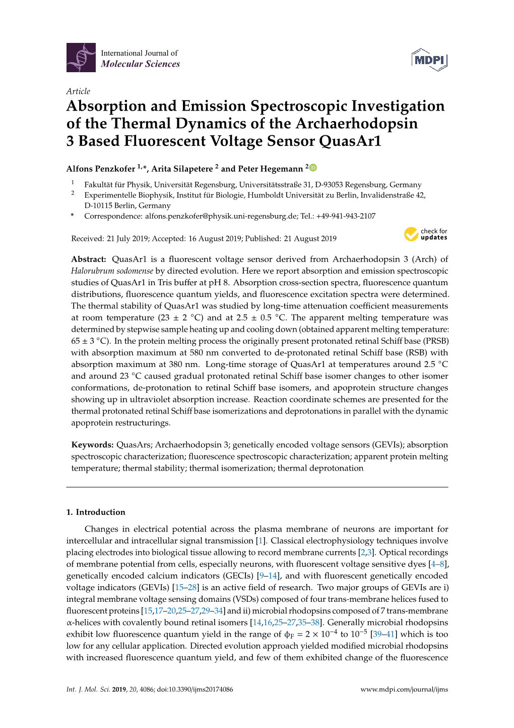 Absorption and Emission Spectroscopic Investigation of the Thermal Dynamics of the Archaerhodopsin 3 Based Fluorescent Voltage Sensor Quasar1