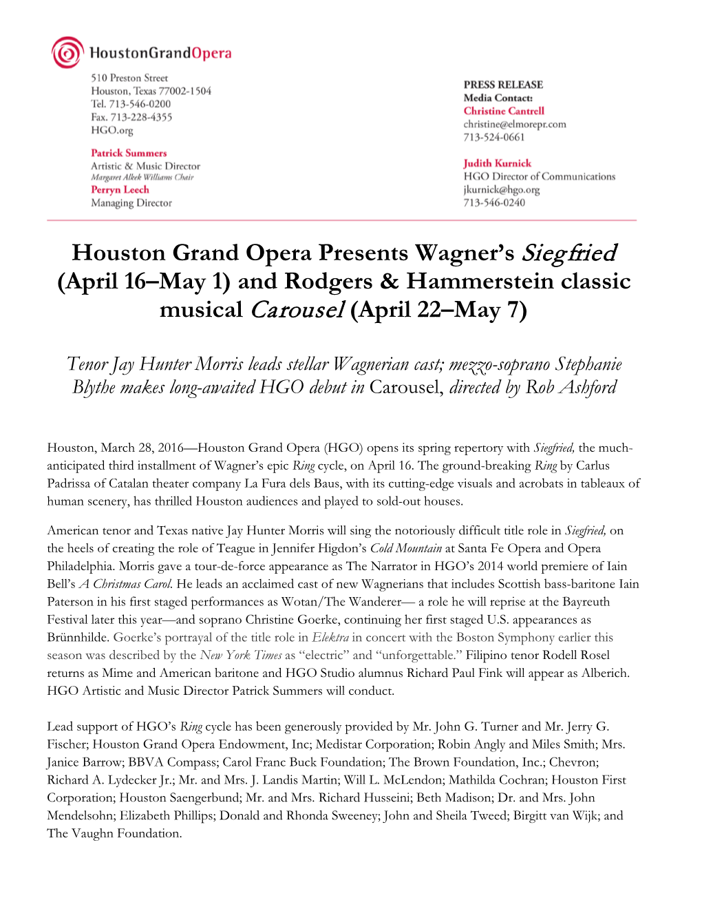 Houston Grand Opera Presents Wagner's Siegfried (April 16–May 1