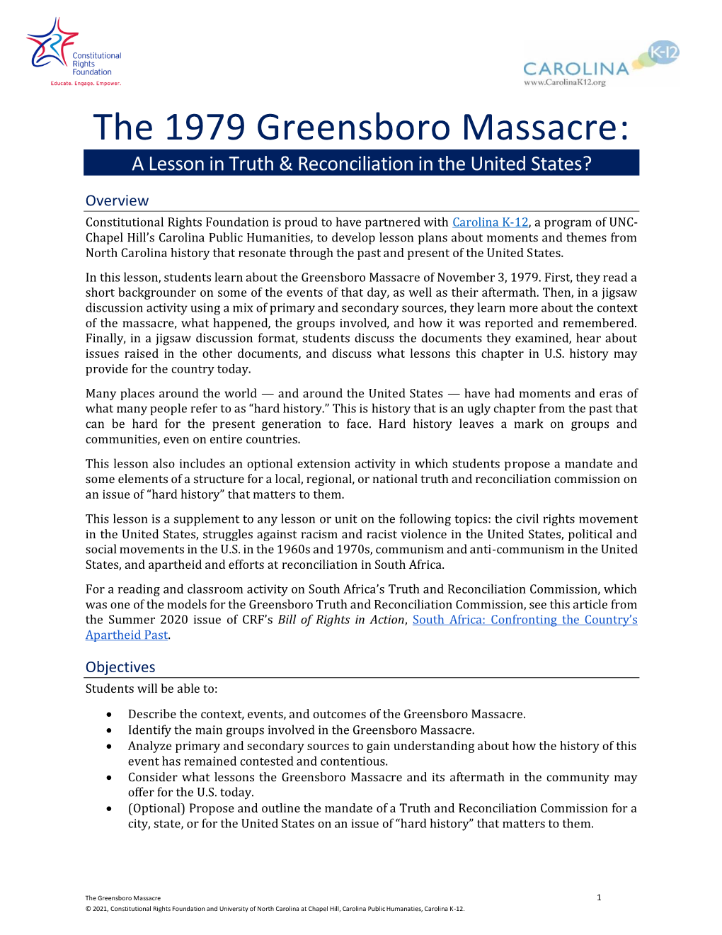 The 1979 Greensboro Massacre: a Lesson in Truth & Reconciliation in the United States?