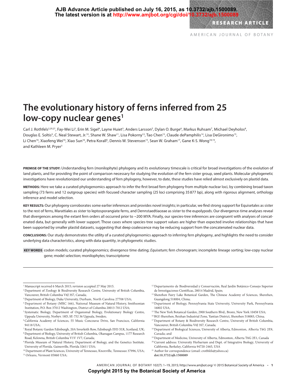 The Evolutionary History of Ferns Inferred from 25 Low-Copy Nuclear Genes1