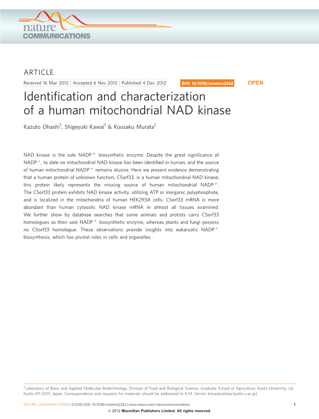 Identification and Characterization of a Human Mitochondrial NAD Kinase