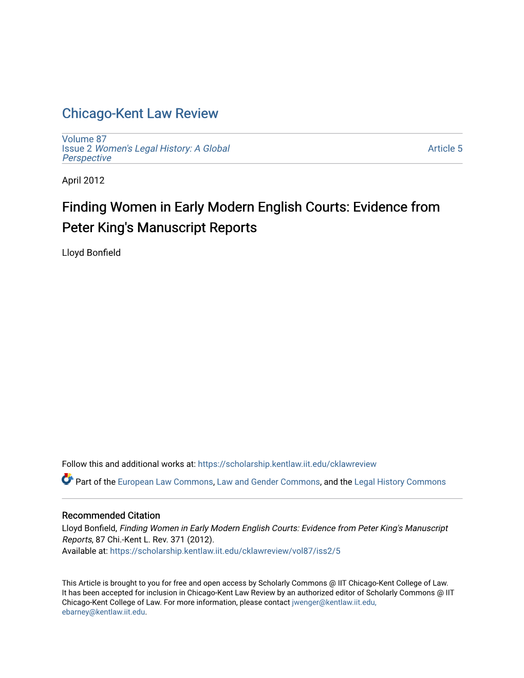 Finding Women in Early Modern English Courts: Evidence from Peter King's Manuscript Reports