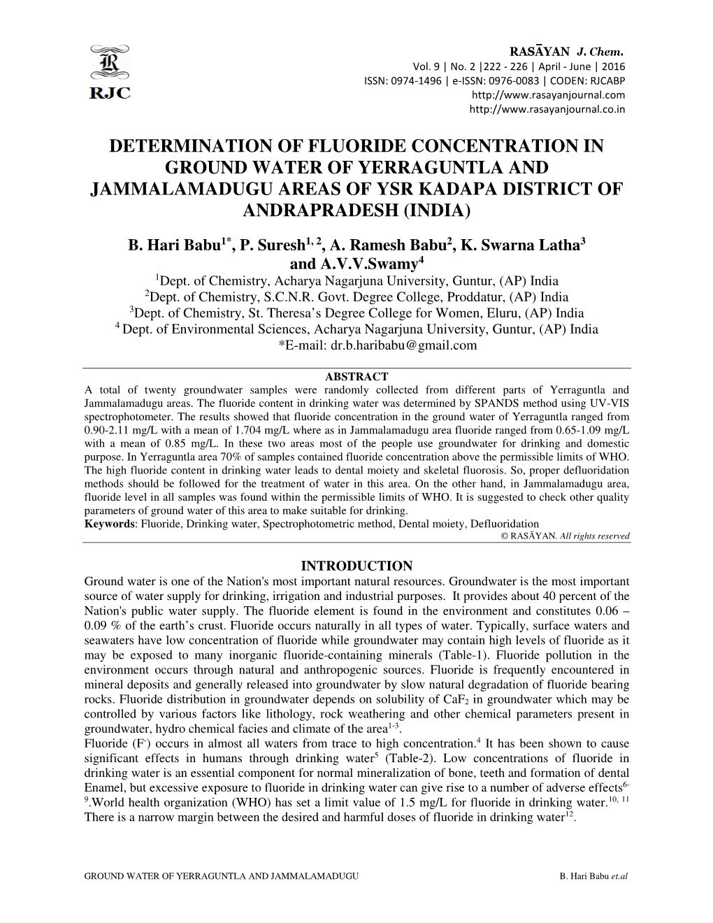 Determination of Fluoride Concentration in Ground Water of Yerraguntla and Jammalamadugu Areas of Ysr Kadapa District of Andrapradesh (India)
