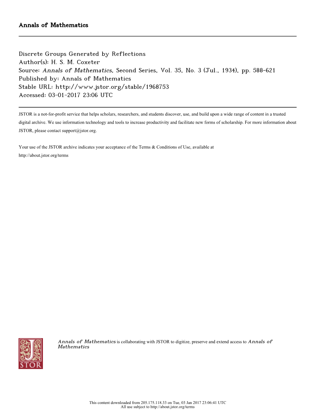 Discrete Groups Generated by Reflections Author(S): H