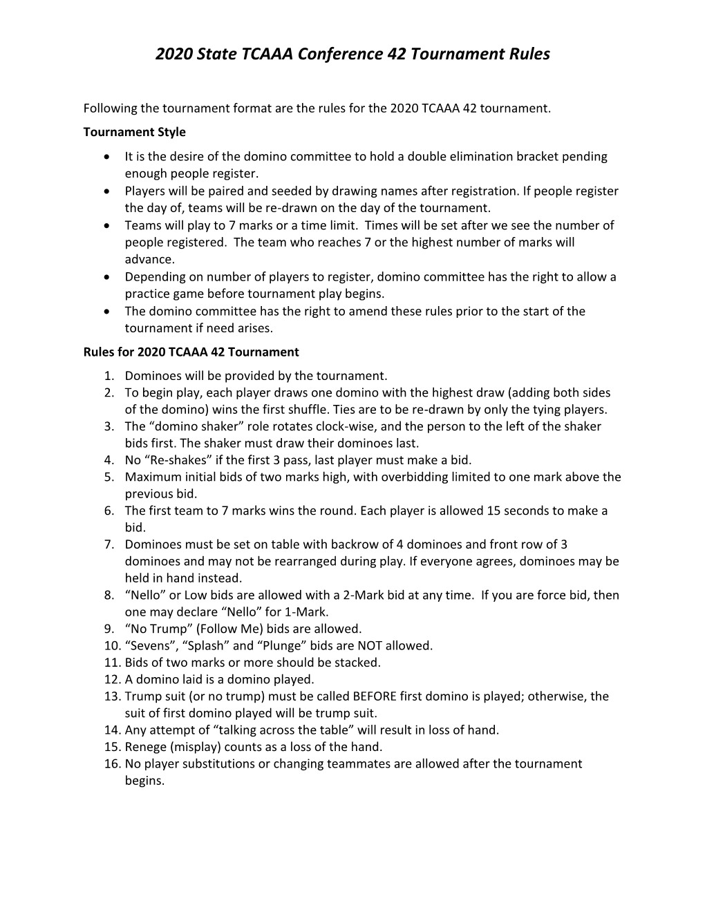 2020 State TCAAA Conference 42 Tournament Rules