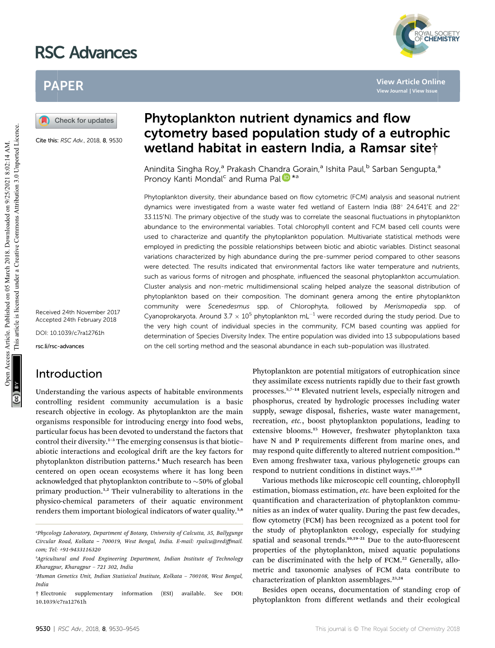 Phytoplankton Nutrient Dynamics and Flow Cytometry Based Population Study of a Eutrophic Wetland Habitat in Eastern India, A