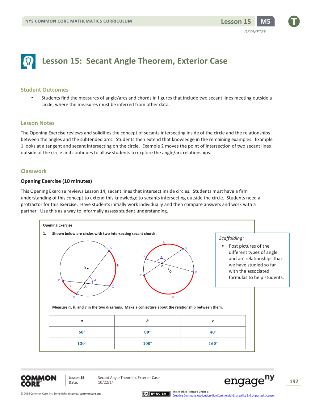 Lesson 15: Secant Angle Theorem, Exterior Case