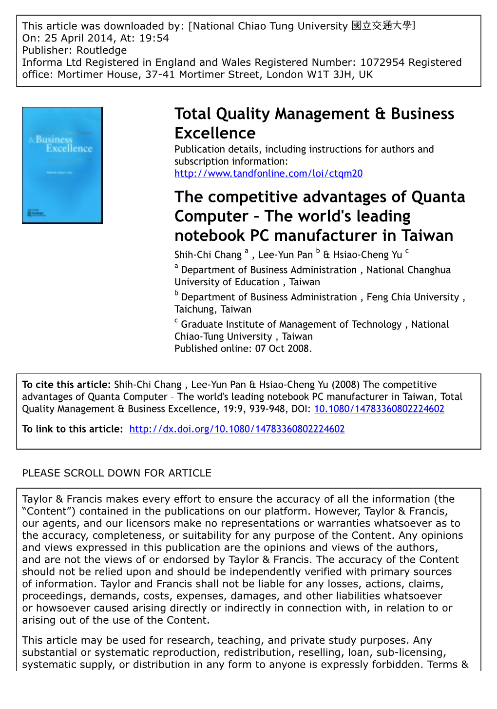 Total Quality Management & Business Excellence