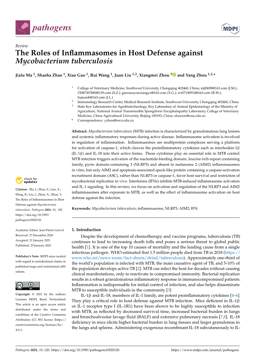 The Roles of Inflammasomes in Host Defense Against Mycobacterium