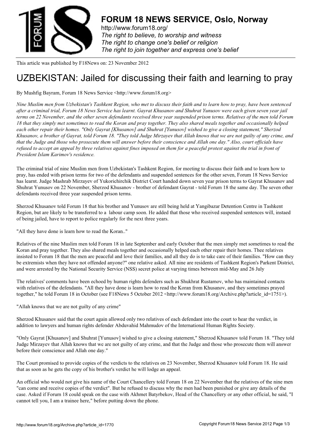 UZBEKISTAN: Jailed for Discussing Their Faith and Learning to Pray