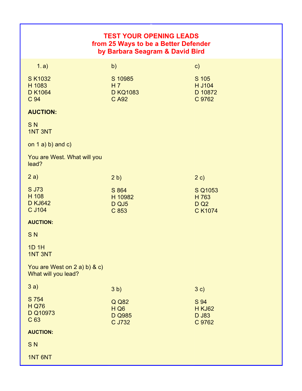 TEST YOUR OPENING LEADS from 25 Ways to Be a Better Defender by Barbara Seagram & David Bird