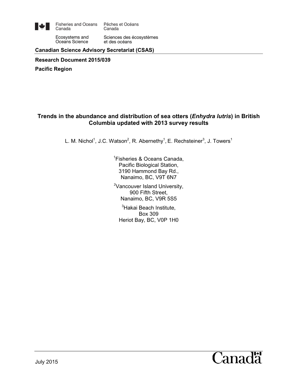 Trends in the Abundance and Distribution of Sea Otters (Enhydra Lutris) in British Columbia Updated with 2013 Survey Results