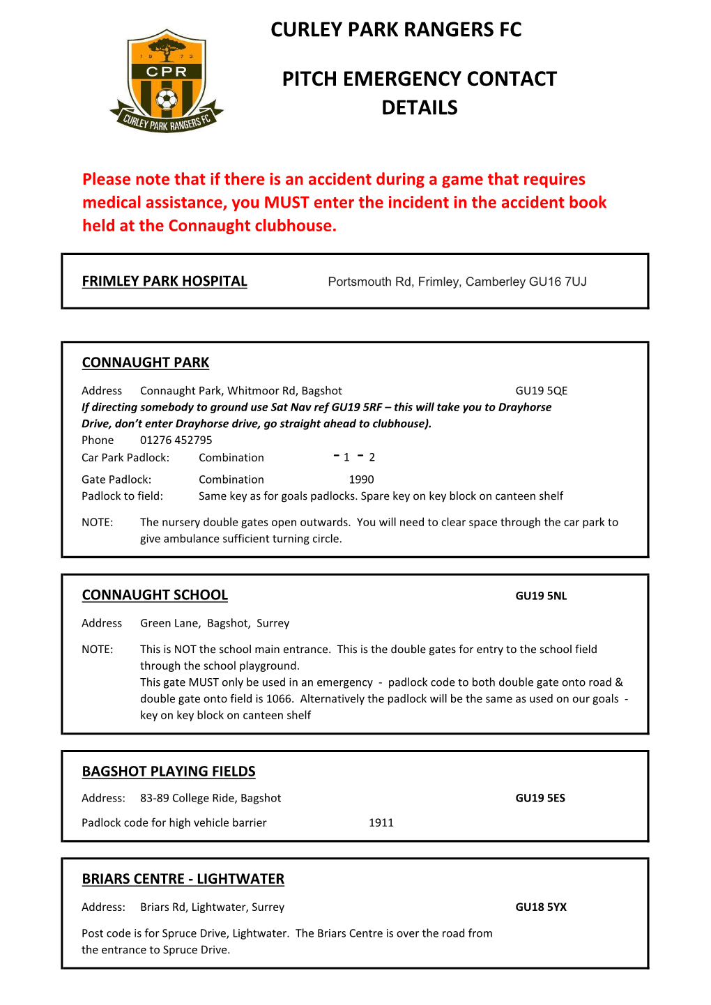 Curley Park Rangers Fc Pitch Emergency Contact Details