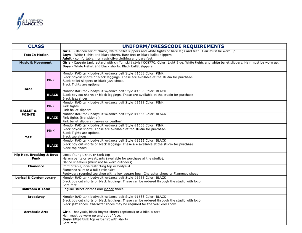 CLASS UNIFORM/DRESSCODE REQUIREMENTS Girls - Dancewear of Choice, White Ballet Slippers and White Tights Or Bare Legs and Feet