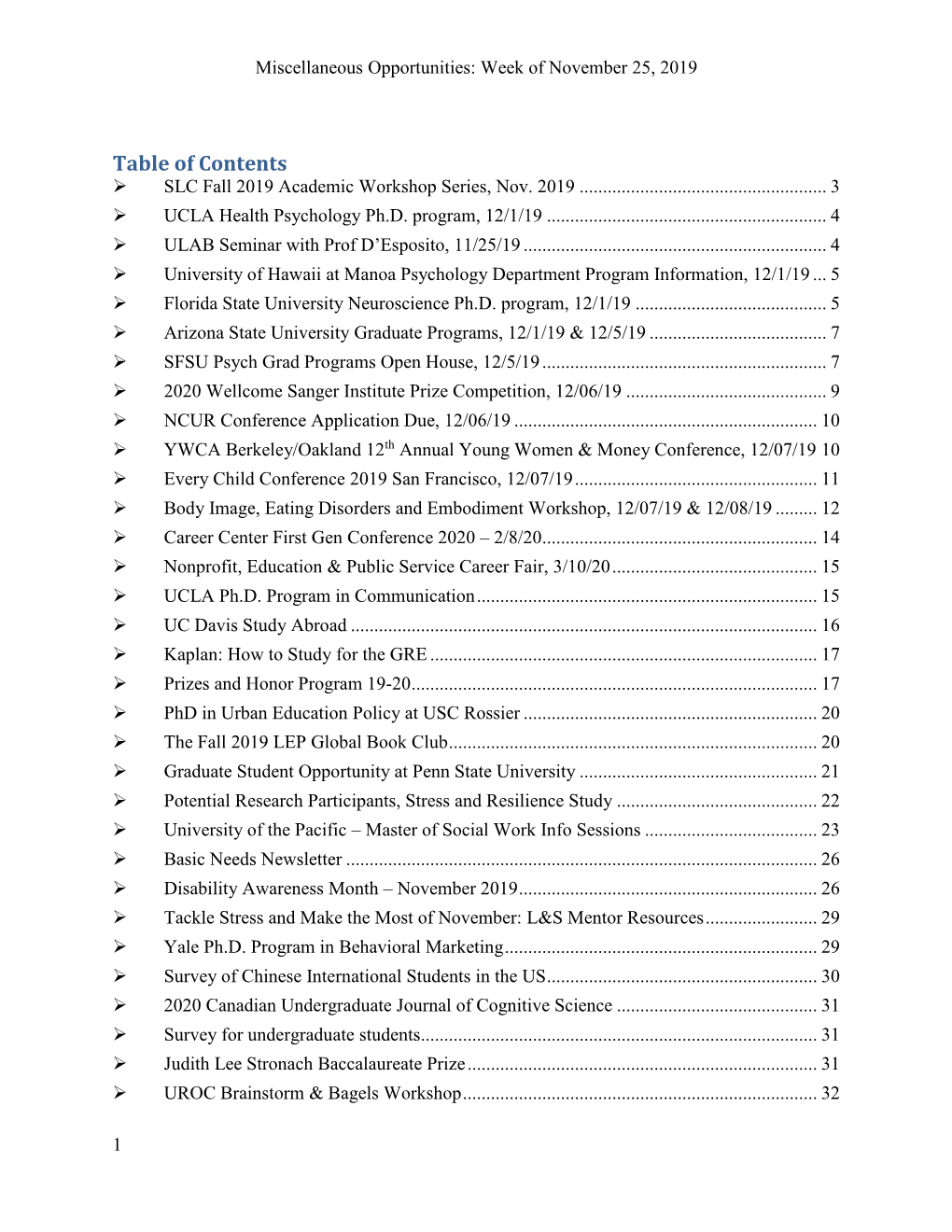 Table of Contents  SLC Fall 2019 Academic Workshop Series, Nov